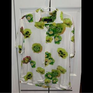 rag & bone Short Sleeve White Shirt with Neon Green Floral Print